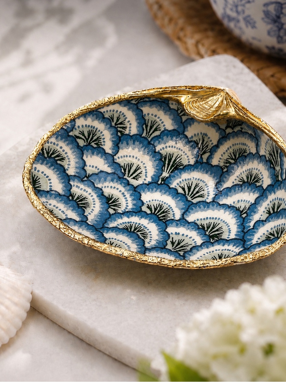 Scallop Fan Print Oyster Shell, Decoupaged Gold Gilded Seashell, Coastal Decor
